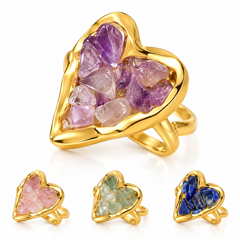 Natural Stone Heart Statement Ring | 18K Gold-Plated Adjustable Ring
