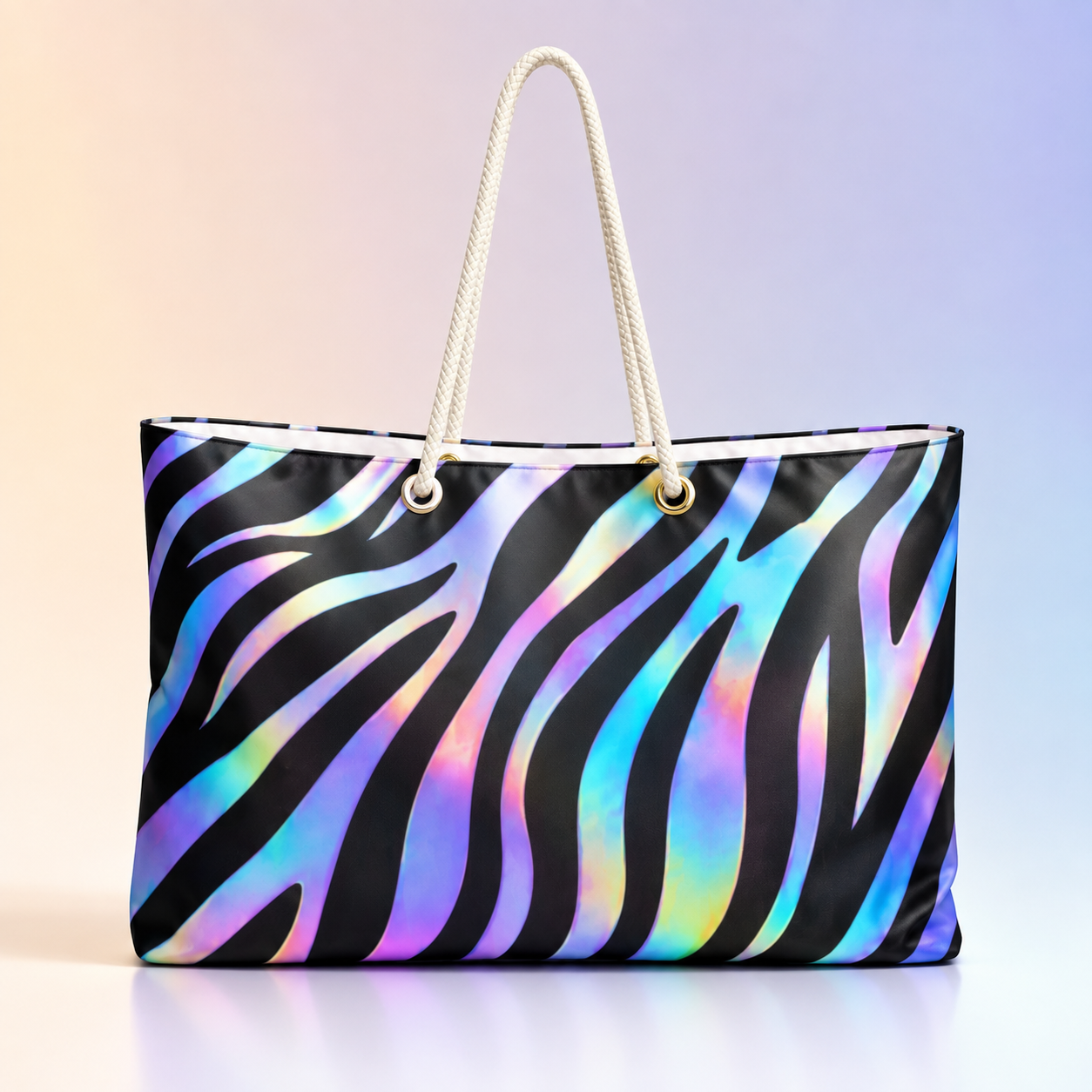 Holographic Beach Bag, Iridescent Zebra Tote, Oversized Vacation Tote, Pool Bag, Resort & Cruise Bag for Women