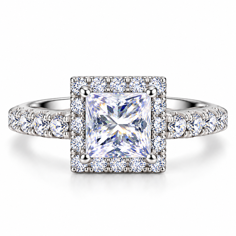1 Carat Moissanite Square Halo Ring in 925 Sterling Silver