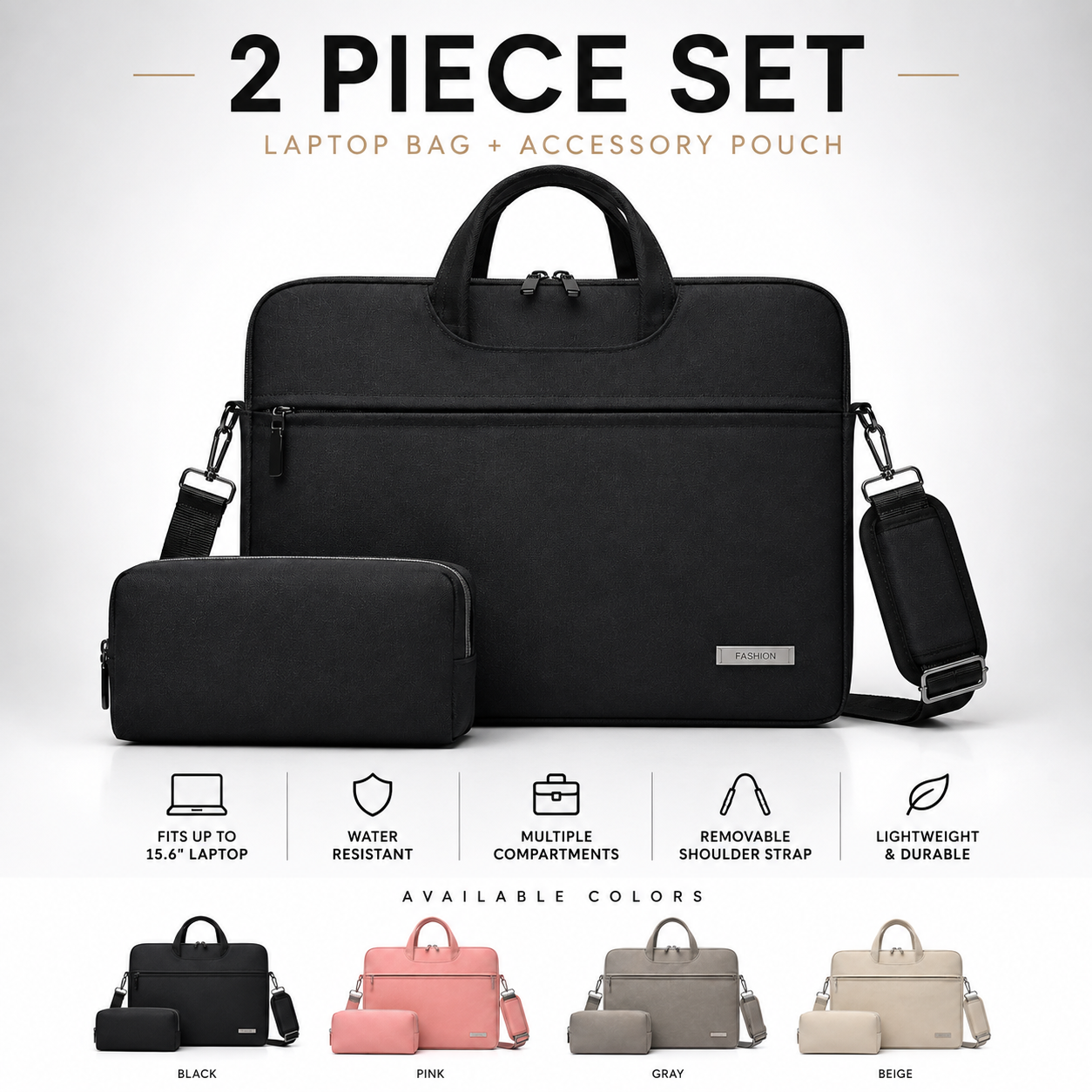 2-Piece Laptop Bag & Accessory Pouch | Water-Resistant 13.3–15.6" Computer Carrying Case