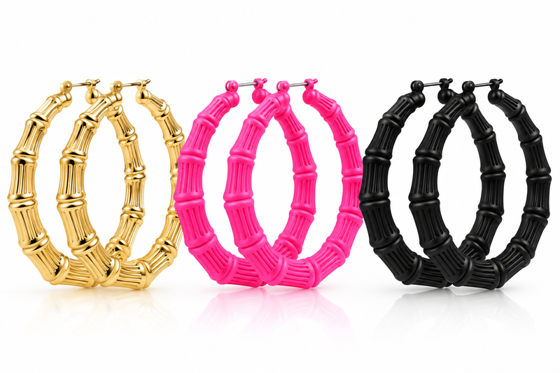 Oversized Bamboo Hoop Earrings – Gold, Pink & Black